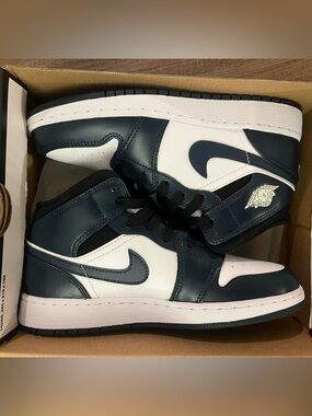 Nike Air Jordan 1 Mid Sneakers - Navy and White- Size 5Y